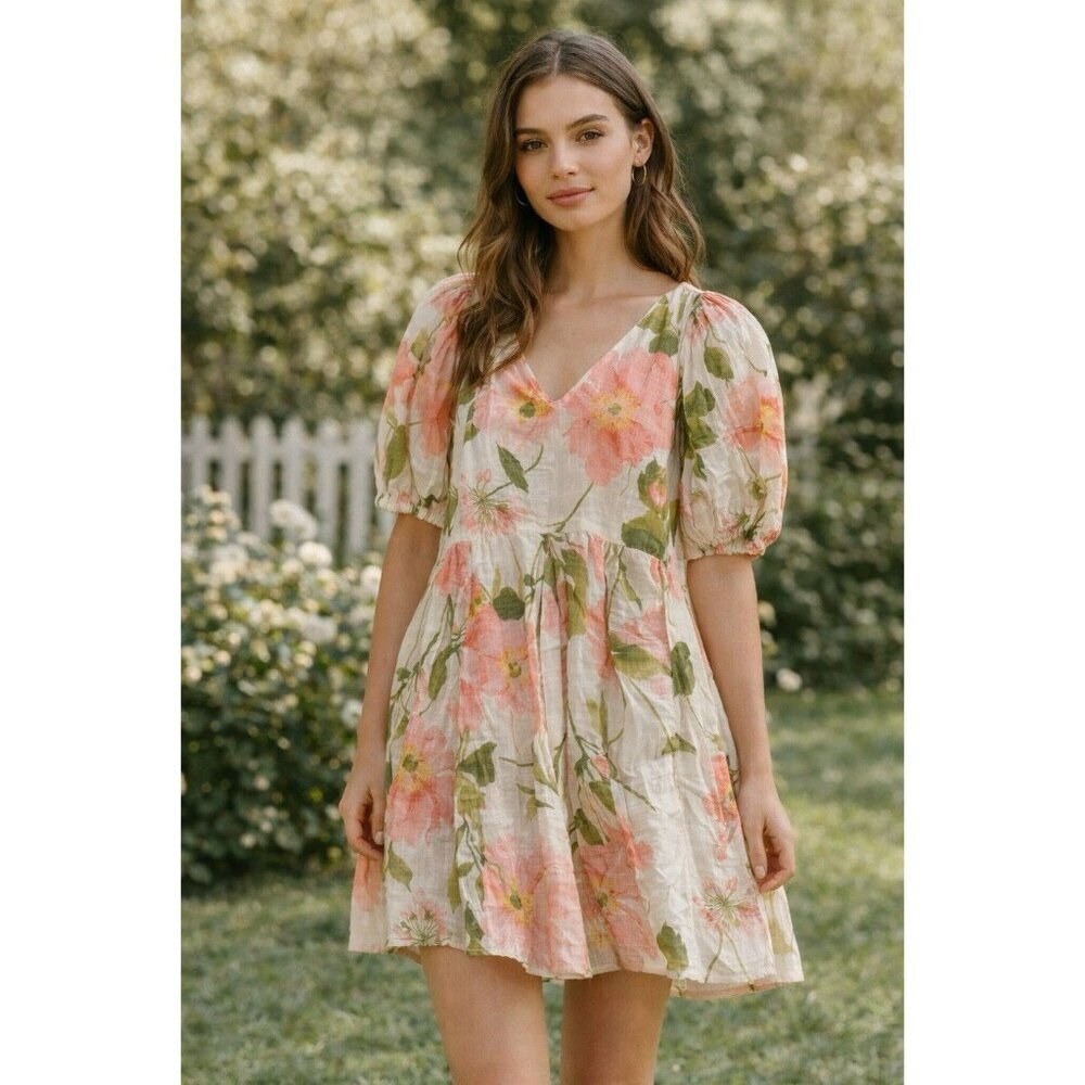 H&M Floral Puff Sleeve Mini Dress Women’s Medium Cottagecore Boho Spring